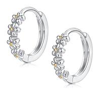 Silver Hoop Earrings for Women, Dainty Sterling Silver Small Huggie Hoop Earrings | Hypoallergenic Daisy Flower Hoops Earring Jewellery Gifts for Ladies Girls Birthday Wedding, 10mm Hoop