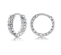 Silver Hoop Earrings for Women Girls, Hypoallergenic 925 Sterling Silver Olive Leaf Tiny Small Huggie Hoops Helix Cartilage Piercings Earring for Birthday Gifts, White Gold/8mm