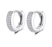 Silver Hoop Earrings for Women, Sterling Silver Hoop Earrings with Double-row Cubic Zirconia, White Gold Plated Small Sleeper Cartilage Huggie Hinged Hoop Earrings, Inner Diameter: 8mm