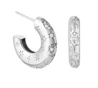 Silver Hoop Earrings for Women, Trendy Chunky Gold/Silver Hoops Earrings, C-Shaped Star & Moon Earrings with Cubic Zirconia for Women Girl (Silver 1)