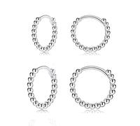 Silver Hoops Earrings for Women| 2 Pairs Small Sterling Silver Post Beaded Huggie Earrings| Hypoallergenic Tiny Cartilage Sleeper Cuff Jewelry for Men Ladies Girls, 10mm 12mm