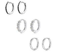 Silver Hoops Earrings for Women, 3 Pairs S925 Sterling Silver Small Hoop Earrings with Cubic Zirconia Daisy Silver Huggie Sleeper Earrings for Women Girls Jewellery Gift, 8 * 2/10mm