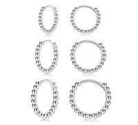 Silver Hoops Earrings for Women| 3 Pairs Small Sterling Silver Post Beaded Huggie Earrings| Hypoallergenic Tiny Cartilage Sleeper Cuff Jewelry for Men Ladies Girls, 8mm 10mm 12mm