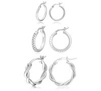 Silver Hoops Earrings for Women S925 Sterling Silver Post Hoop Earring Hypoallergenic Cubic Zirconia Small Silver Hoops Earring Set for Women 13/15 /20mm PABBEU