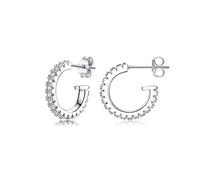Silver Hoops Earrings for Women, Small Cubic Zirconia Paved Open Huggie Hoops | Sterling Silver Cuff Stud Earrings, Gold Earrings for Women Piercing Jewellery for Girls Teens, 8mm