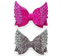 Silver Hot Pink Angel Wing Glitter Hair Bows Clips Slides Grips Pretty Handmade Hairbows for Woman Girls 3.5" inch - 2pcs