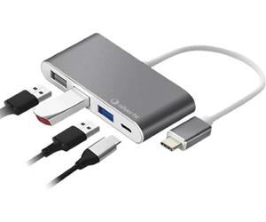 Silver HT 4-in-1 Logan USB-C Hub, Compatible with iPhone 15. 1 USB 3.0 Output, 2 USB 2.0 Outputs, 1 High Speed USB-C Output.Compatible with Apple/Windows/Android