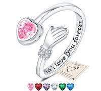 Silver Hug Rings, Love Heart Thumb Rings for Women Adjustable Cubic Zirconia Open Ring I Love You Forever Engraved Words Sister Friendship Gifts with Gift Card & Box, Pink Stone