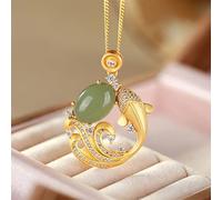 Silver Inlaid and Tian Qingyu Koi Pendant Necklace Chinese Classical Elegant Minority Design Charm Women Jewelry (Gem Color : Amber, Length : 50cm)