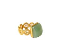 Silver Inlaid Natural Hetian Chalcedony Geometric Ring Chinese Retro Sand Gold Craft Pattern Women's Jewelry (Gem Color : Green, Size Resizable)