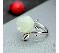 Silver Inlaid Natural Hetian Jade Flower Stone Ring Women's Fresh And Romantic Opening Adjustable Jewelry (Gem Color : White, Ring Size : Resizable)