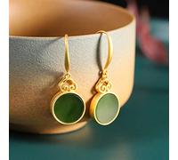 Silver Inlaid Natural Hetian Jade Mirror Round Earrings Ancient Gold Craft Design Classic Chinese Style Jewelry (Gem Color : Green)