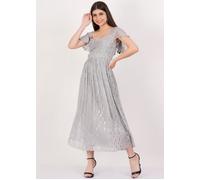 Silver Jacquard Metallic Angel Sleeves Midi Dress Gini London Silver 10