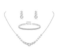 Silver Jewelry Set for Women Rhinestone Crystal Necklace Drop Earrings Link Bangle Bracelet Bridal Wedding Jewelry Sets for Brides Bridemaid Prom Costume Accessories