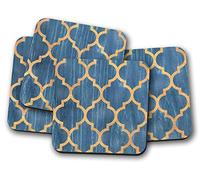 Silver Kangaroo Blue & Gold Pattern Coasters - set of 4 drinks mats ideal new home present or housewarming gift