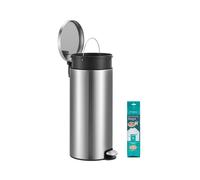 (Silver) Kitchen Bin, Round Trash Bin with 15 Trash Bags, Metal Pedal, Removable Plastic Inner Bucket, Handle