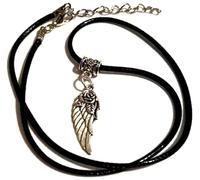 Silver Knight Angel Wing With Roses Pendant On An Adjustable Waxed Cord, boho/hippy Jewelry, Guardian Angel Wing With Roses Choker, Fantasy cosplay Necklace