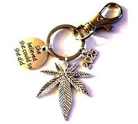 Silver Knight Cheeky 'She Believed She Could, So She Did' Cannabis Leaf Keychain, Marijuana Keyring, Smokers Bag Charm, Weed Growers Keychain