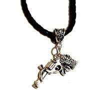Silver Knight Gun with Roses Necklace on a Faux Leather Platted Cord, Stainless Steel Gun and Roses Necklace, Rocker Necklace, Rock Necklace, Festival Jewelry