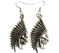 Silver Knight Large Native American, Indian Head (55 x 30mm) Earrings on Sterling Silver Hooks Feather War Bonnet, 3D Tribal Jewelry, in a Velvet Gift Bag. Country & Western, Line Dancing.
