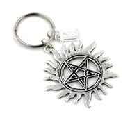 Silver Knight Large Sun Pentagram Key Ring, Personalized Anti Possession Supernatural Keychain, Pentacle Tribal Keyring, Initial Keychain, Gothic, Pagan