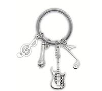 Silver Knight Microphone, Guitar, Note & Clef Charms Keychain, Inspirational Gift For Music Lovers in a Velvet Gift Bag