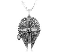 Silver Knight Millennium Falcon Pendant Necklace, Large 3D Detailed Spacecraft Design, Silver Plated Chain, 74mm x 48mm, Science Fiction Cosplay Jewelry in a Velvet Gift Bag.