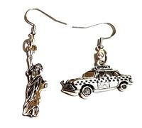 Silver Knight Mismatched New York Taxi & Statue Of Liberty Earrings on Stirling Silver Hooks, The Big Apple, USA, American Yellow Cab 'I Love New York' Taxi Asymmetrical Earrings, S8999202030202-02-3