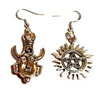 Silver Knight Mismatched Supernatural Sunburst Pentacle & Samulet Earrings on Sterling Silver Hooks Pentagrams on Fire Flaming Sun Protection Earrings, 40mm drop, F8393030