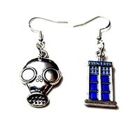 Silver Knight Mismatched Tardis & Gas Mask Earrings on Sterling Silver Hooks Cosplay Science Fiction Police Phonebox Whovian Time Travel Fantasy Dr Who Earrings, chsrmd 28mm, D34390230