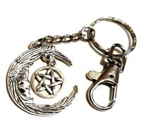 Silver Knight Mother Moon and Pentagram Keychain Keyring Bag Charm Wicca Wiccan Protection White Witch Magical Magic Bag Charm, Silver, moon 39mm x 32mm