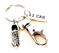 Silver Knight Motivational Running Shoe 'I CAN' Keychain, Runner Keyring, Jogging Bag Charm, Marathon Runner Keyring, 5k, Jogger. Triathlete, Triathlon