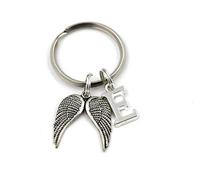 Silver Knight Personalised Angel Wings Keychain Key Ring Memorial, Any Initial, Velvet Gift Bag