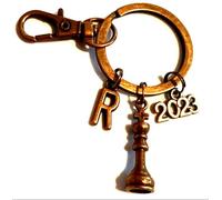 Silver Knight Personalised Antique Bronze Chess King Keychain With Initials & Year, Chess Player Keyring, Grandmaster Bag charm, The Queen's Gambit