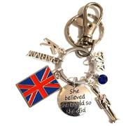 Silver Knight Personalised, Antique Silver & Enamel 'She Beleved She Could, So She Did' British Army Keychain with Initials, the Present Year & Birthstone in a Velvet Gift Bag.