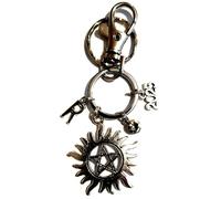 Silver Knight Personalised, Antique Silver Supernatural, Anti-Possession Symbol Keychain with Birthstone, Initials & the Present Year, in a Velvet Gift Bag. Flaming Pentagram Keyring.