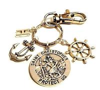 Silver Knight Personalised Double Sided 30mm St Christopher with Ships Wheel & Anchor Keychain, Sailor, Navy Keyring, Sailing Travel Cruise Ship Keychain, Silver, 100mm