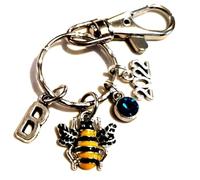 Silver Knight Personalised Honey Bee Keychain with Present Year, Initial & Birthstone, Bumble Bee Bag Charm, Beekeeper Keyring, Animal Lover Jewelry