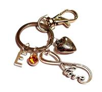Silver Knight Personalised 'Love' Infinity Band & 'Love' Heart Keychain with Initial and Birthstone, Husband, Wife, Boyfriend, Son, Daughter, Romantic