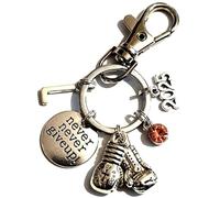 Silver Knight Personalised, 'NEVER, NEVER GIVE UP!' Boxing Gloves Keychain with Initials, Birthstone & the Present Year in a Velvet Gift Bag.Fighter, Champion Keyring.