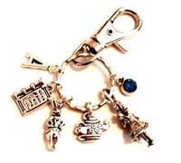 Silver Knight Personalised 'Once Upon a Time' Alice Tea Party Inspired Keychain with Initial & Birthstone, Book Lover, March Hare, White Rabbit, Mad Hatter, Fairytale