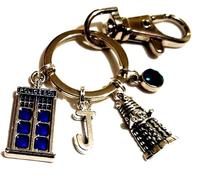 Silver Knight Personalised Police Phone Box & Dalek Keychain with Initials & Birthstone, Whovians Keyring, Bag Charm, Science Fiction Cosplay Keyrings