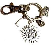 Silver Knight Personalised Stainless Steel Supernatural Pentagram Keychain with Initials, Year & Birthstone, Anti-Possession Keyring, Winchester, Burning Pentagram Keyring