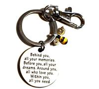 Silver Knight Stainless Steel 'Behind You All Your Memories' Keychain with Enamel Bee, Motivational Keyring, Recovery Keychain, Graduation Bag Charm, Retirement Keychain