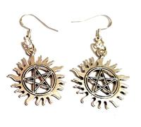 Silver Knight Supernatural Sunburst Pentacle Pentagram with Flames Earrings - Sterling Silver Hooks - 30mm x 28mm - Gift Bag - Unisex Hoop Dangle Earrings