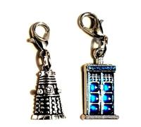 Silver Knight Whovian Inspired Dalek & Police Phone Box Charms, Pair On Lobster Clasps, Made From Steel and Enamel, Unisex, Sci-fi Cosplay, BBC