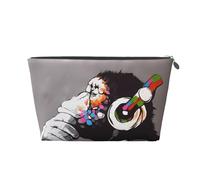Silver Large Leather Travel Toiletry Bag â€“ Reusable Monkey Music Print Portable Cosmetic Makeup Organizer Pouch with Zipper