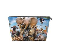 Silver Large Leather Travel Toiletry Bag - Reusable African Animals Print Portable Cosmetic Makeup Organizer Pouch with Zipper