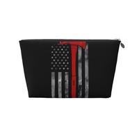 Silver Large Leather Travel Toiletry Bag - Reusable Firefighter Axe Red Line Flag Print Portable Cosmetic Makeup Organizer Pouch with Zipper