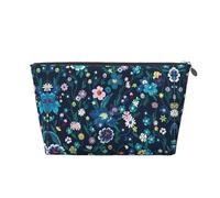 Silver Large Leather Travel Toiletry Bag - Reusable Moonlight Garden Print Portable Cosmetic Makeup Organizer Pouch with Zipper